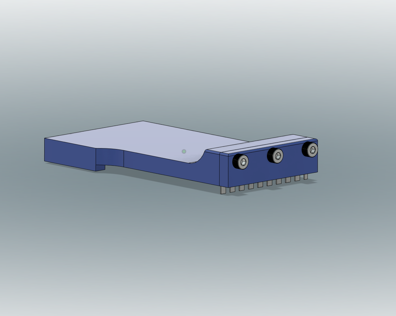 CAD render of the tool: front plate, three screws and perforating rule