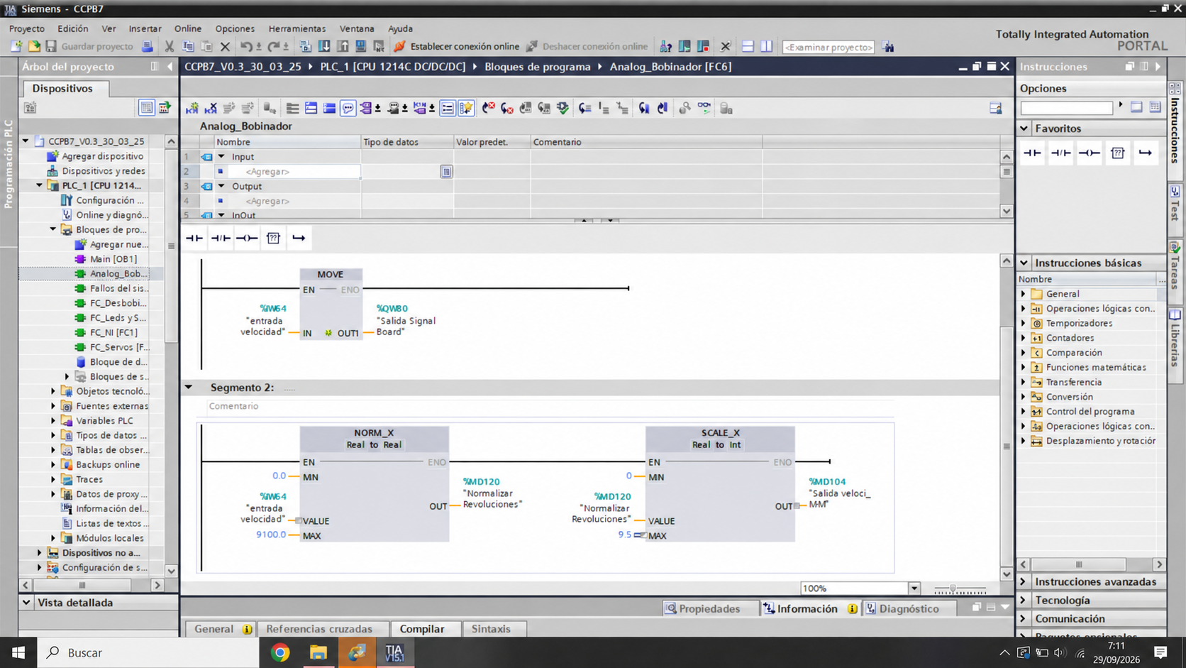Programación del PLC de la CCPB7 en TIA Portal.