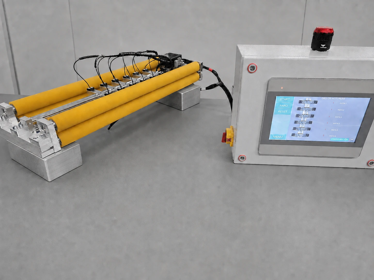 Conjunto RV-510 con rodillos, barreras de fibra óptica y cuadro con HMI